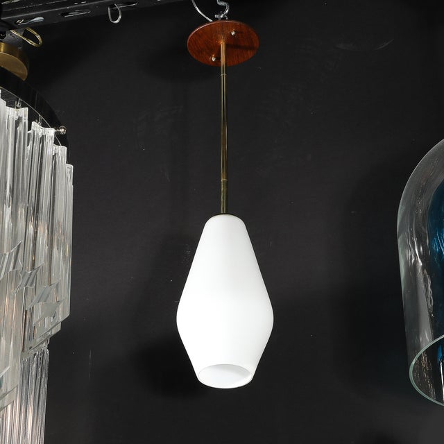 Mid-Century Modern Frosted Glass & Walnut Pendant Chandelier With Brass Fittings For Sale - Image 16 of 17
