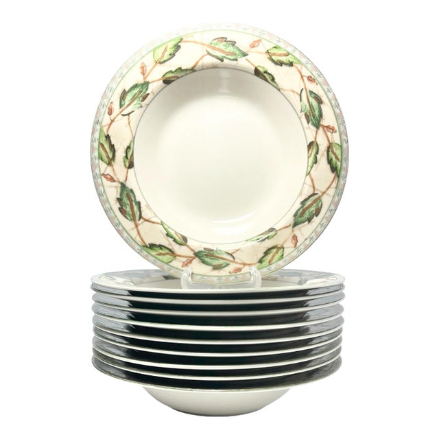 1990s Interiors “Samutra” Stoneware Rim Soup Bowls, Green Leaves Fall - Set of 10 For Sale