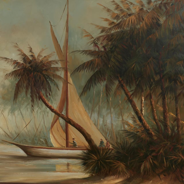Wood Large Tropical Painting of a Boat With Palm Trees For Sale - Image 7 of 13