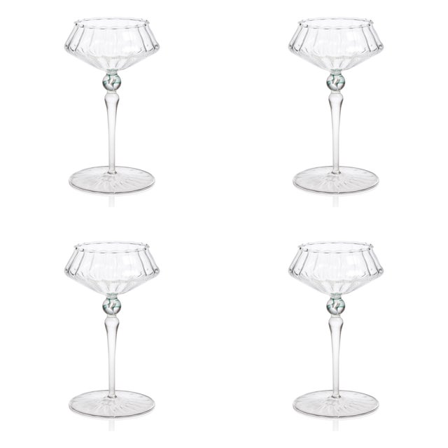 Contemporary Ondine 4-Piece Set Fluted Coupe Glasses, Clear with Lagoon Green Accent For Sale - Image 3 of 3