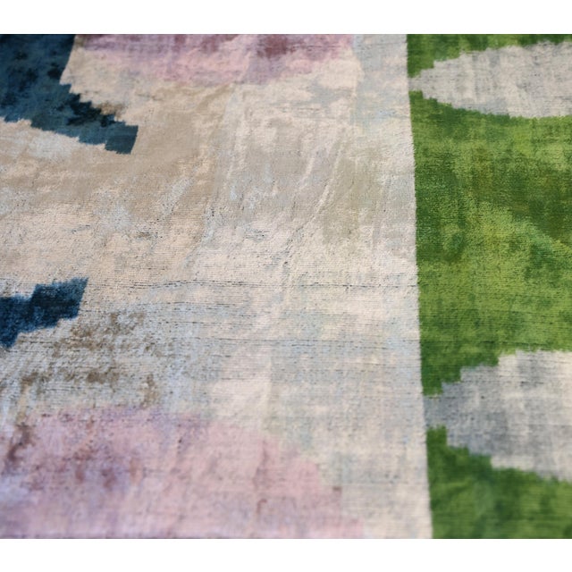 Textile Green and Beige Abstract Silk Velvet Pillow 16x24 Handmade Luxury Cushion For Sale - Image 7 of 8