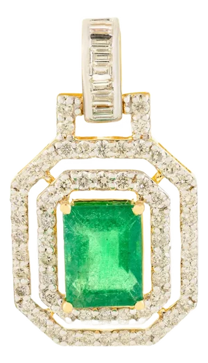 3.75 CTW Emerald Pendant 18k Gold & Double Halo Diamond Pendant