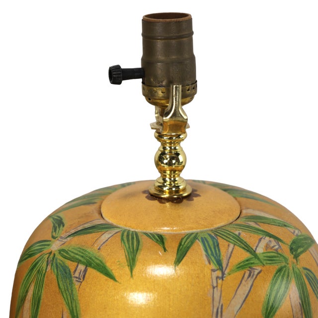 Vintage Hollywood Regency Style Hand-Painted Yellow Ceramic Bird and Bamboo Table Lamps - a Pair For Sale - Image 10 of 13