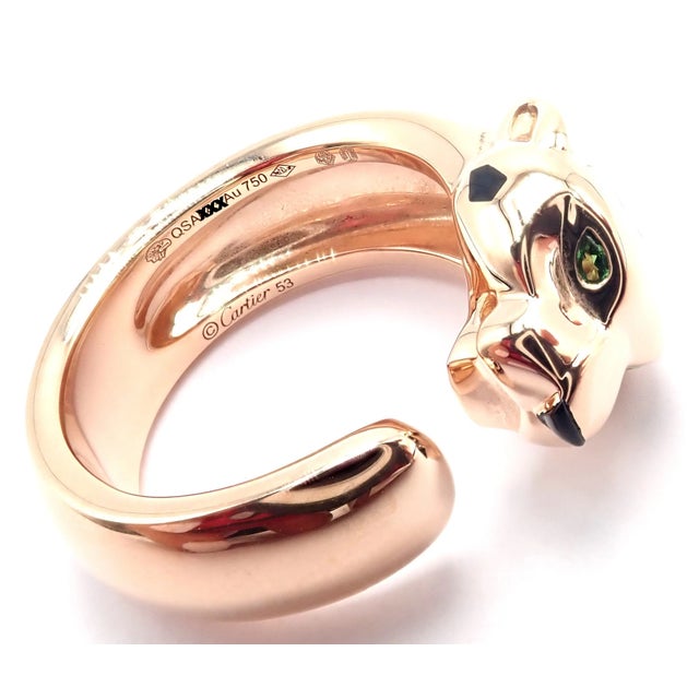 Contemporary Cartier Panther Panthere Rose Gold Lacquer Tsavorite Ring Cert, Size 6.25 For Sale - Image 3 of 10