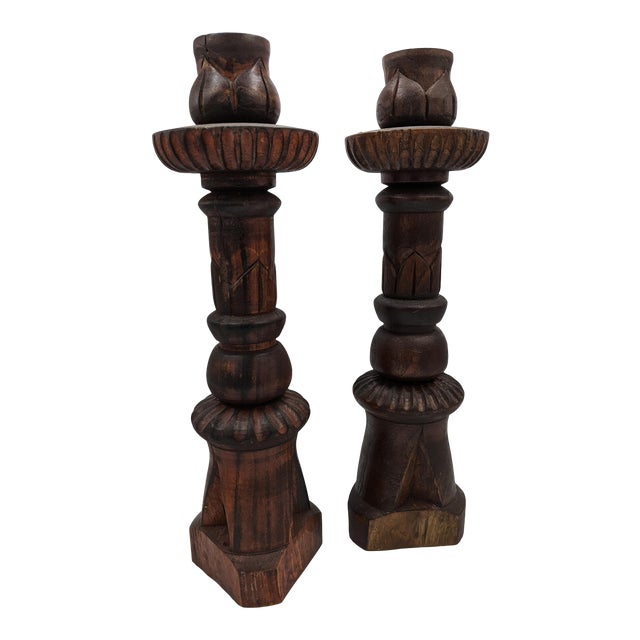 Large Carved Wood Candlesticks a Pair Chairish