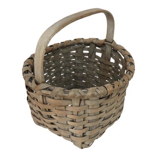 Large Antique Rustic American Primitive Hand Woven Wood Splint Handled Basket For Sale