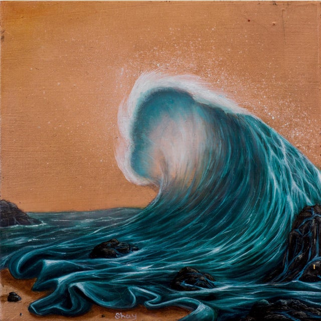 This artwork depicts a dynamic wave, captured at the moment of cresting, with vibrant turquoise and deep blue tones...
