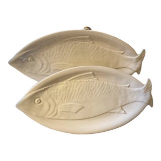 Vintage Dansk White Embossed Figural Oval Porcelain Fish Plates- Set of 2 For Sale
