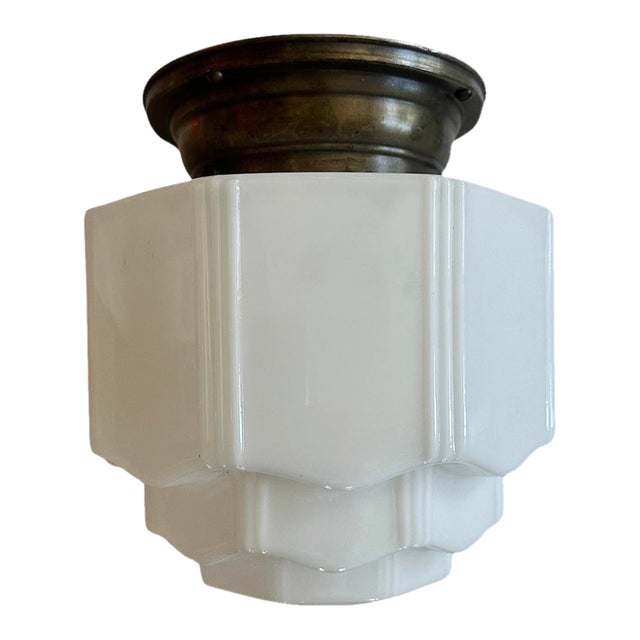 1930s Art Deco Skyscraper Pattern Flush Mount on Old Brass Holder For Sale