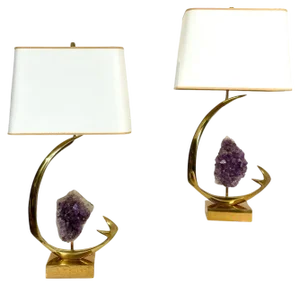 Table Lamps in Sculptural Brass and Amethyst by Willy Daro, 1970s, Set of 2