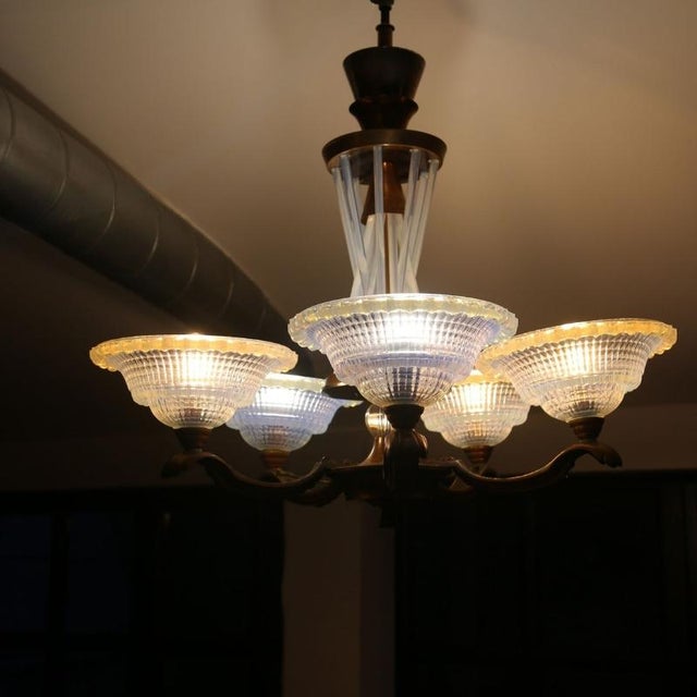 French Art Deco Chandelier in Opalescent Glass and Copper by Ezan-Petitot, 1930s For Sale - Image 14 of 18