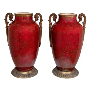 French Gilt Metal Mounted Red Vases, Pair For Sale
