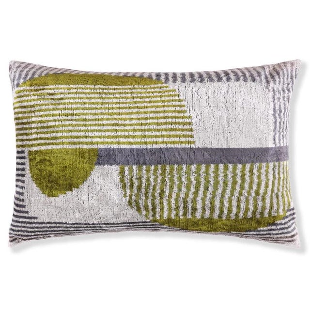 Luxury Silk Velvet Pillow 16x24 – Handmade Green & Gray Geometric Lumbar Cushion For Sale - Image 4 of 8