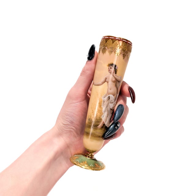 A fine antique, hand painted Austrian porcelain bud vase. By the Royal Vienna Porcelain Manufactory. Retailed by Bailey,...