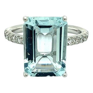 Natural Aquamarine Diamond Ring 14k W Gold 5.78 TCW Certified For Sale