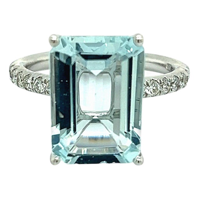 Natural Aquamarine Diamond Ring 14k W Gold 5.78 TCW Certified For Sale