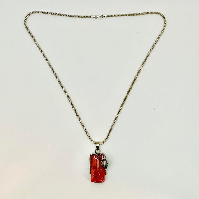 1970s Vintage Boho Chic Italian Art Nouveau Amber & Sterling Pendant Necklace, 22.5” For Sale - Image 4 of 15