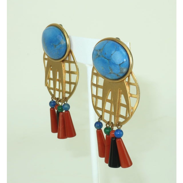 1980s Gale Rothstein Attributed Gold Metal & Semi Precious Stone Dangle Earrings, A Pair For Sale - Image 4 of 8