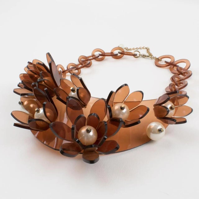 Italian Design Copper Acrylic Bib Necklace Flowers and Pearls For Sale - Image 9 of 13