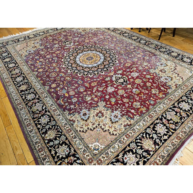 Vintage Persian Tabriz Rug, Hand-Knotted Wool & Silk, Fine Floral Pattern, Burgundy & Navy, 10x13 For Sale - Image 9 of 18