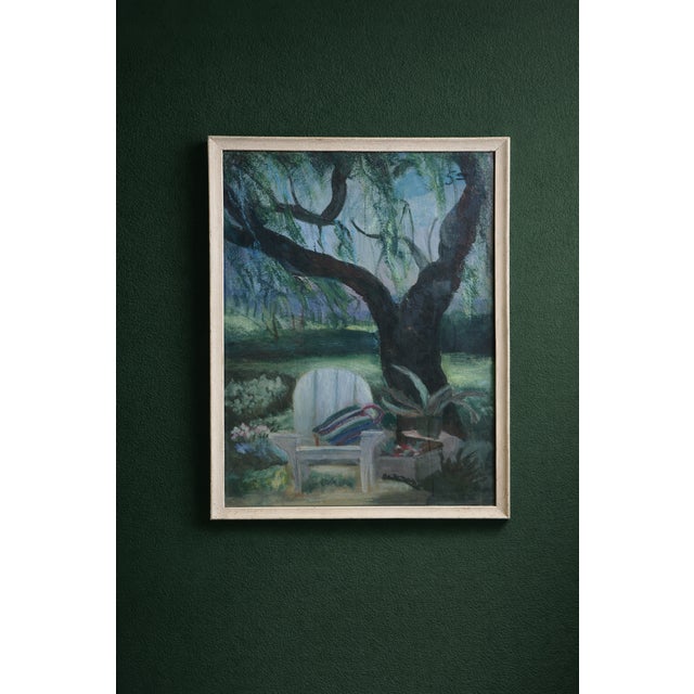 Lovely Vintage Impressionist Garden Backyard Scene Pastel Drawing – Patio Chair Under Tree, Framed For Sale - Image 10 of 10