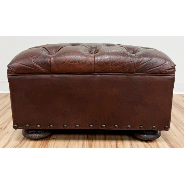 English Vintage Restoration Hardware Tufted Leather Ottoman For Sale - Image 3 of 13