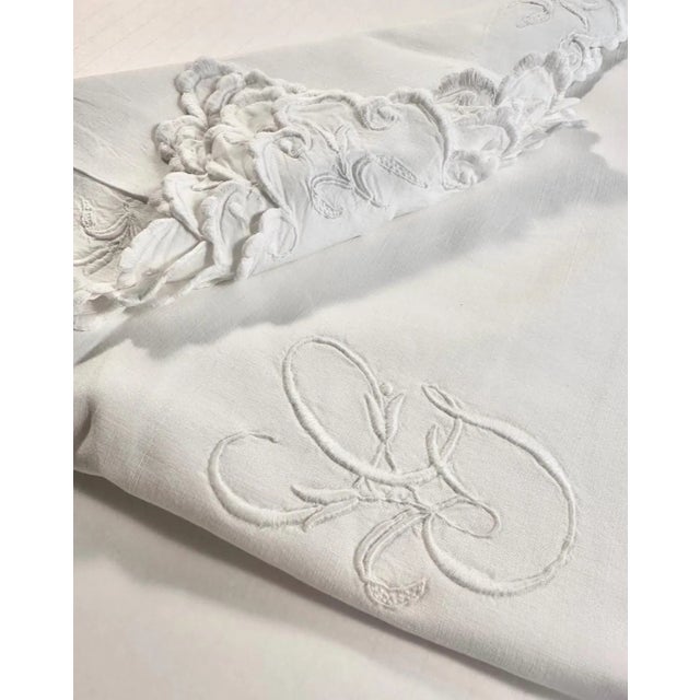 Fine French Antique Linen Pillowcase, Hand Embroidered MG Monogram & Scalloped Edge, France circa 1900 For Sale In Philadelphia - Image 6 of 9