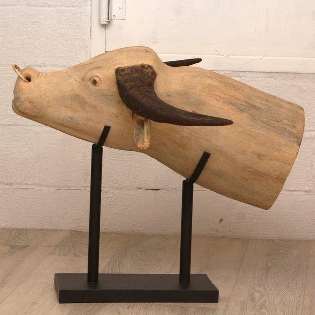Mid-Century Modern Vintage Hand Carved Water Buffalo Head Sculpture For Sale - Image 3 of 5