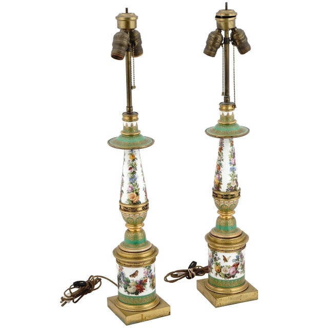Green 19th Century French Empire Style bronze mounted Porcelain Table Lamps - A Pair For Sale - Image 8 of 12