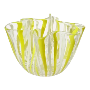 Vintage Murano Venini Bianconi Yellow White Filigrana Ribbons Italian Art Glass Decorative Fazzoletto Vase