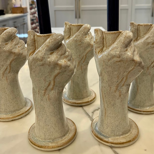 2020s Gray Sculpted Hand Mold Contemporary Candle Stick, Taper Holder For Sale - Image 5 of 9