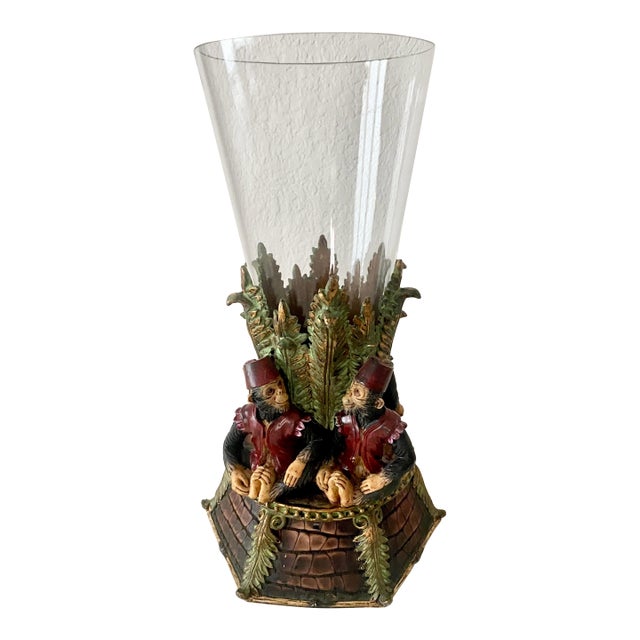 Vintage Singerie Motif Primates Dressed in Red Vests & Hat Unique and Exquisite Vase/Vessel For Sale