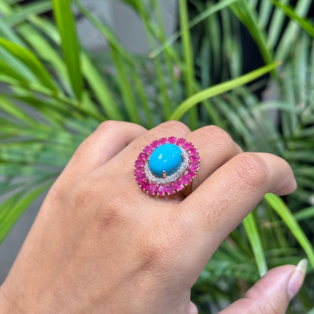 14k Yellow Gold 9.35ct Cabochon Turquoise Ruby & Diamond Halo Cocktail Ring Size 5.5 For Sale In New York - Image 6 of 18
