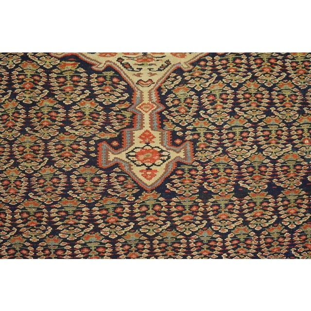 1880s Navy Paisley Medallion Antique W. Persian Senneh Kilim 4'3" X 5'10" Knotted Wool Carpet Rug For Sale - Image 11 of 12