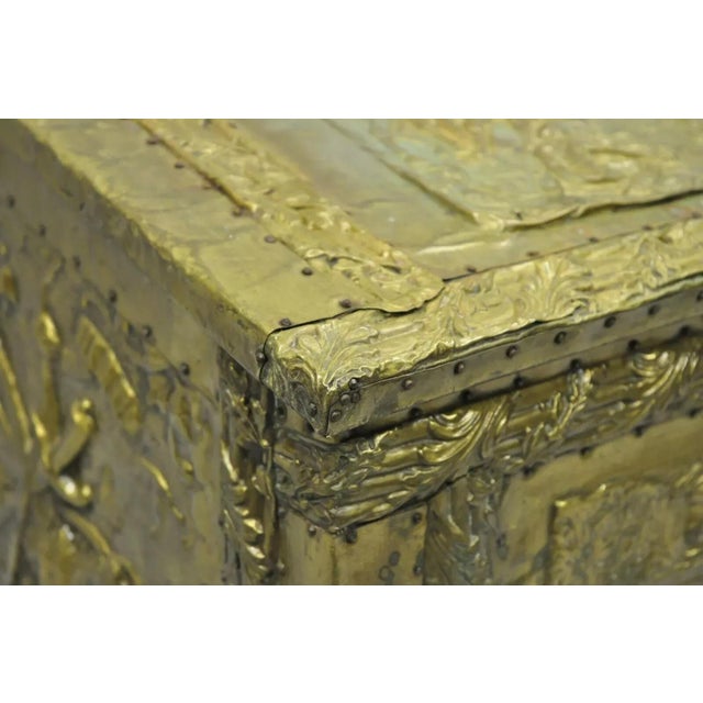 Antique Victorian Embossed Brass Fireplace Log Box Coal Box With Country Scenes For Sale - Image 4 of 12