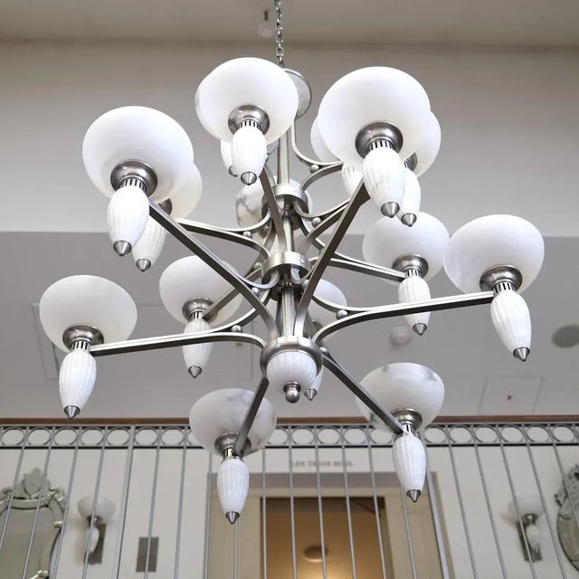 1990s Art Deco 15-Arm Chandelier with Alabaster Bowls and Illuminated Cones, 1990s For Sale - Image 5 of 8
