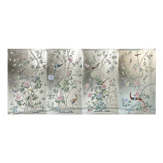 Silver Leaf Chinoiserie Hand-Painted Peony & Exotic Bird Wall Panels (Set of 4) For Sale