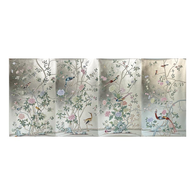 Silver Leaf Chinoiserie Hand-Painted Peony & Exotic Bird Wall Panels (Set of 4) For Sale