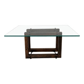 Modern Glass Top Dining Table With Rustic Solid Wood Base – Rh Style For Sale