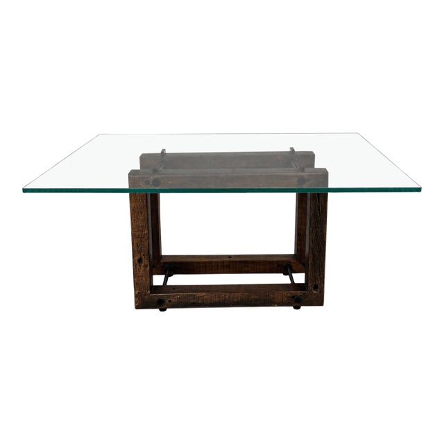 Modern Glass Top Dining Table With Rustic Solid Wood Base – Rh Style For Sale