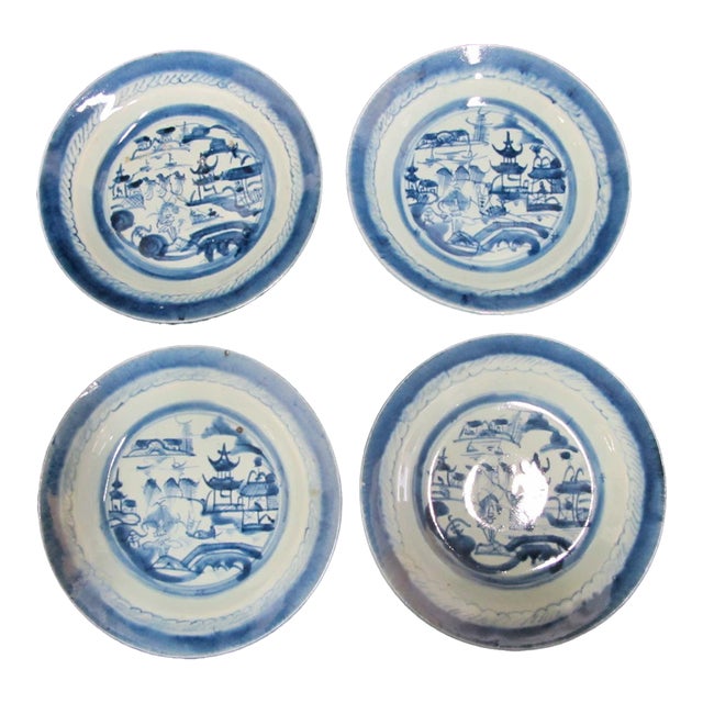 Antique Chinese Canton Blue Export Village Scene Porcelain Soup Bowl 8 3/4" Set For Sale