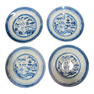 Antique Chinese Canton Blue Export Village Scene Porcelain Soup Bowl 8 3/4" Set