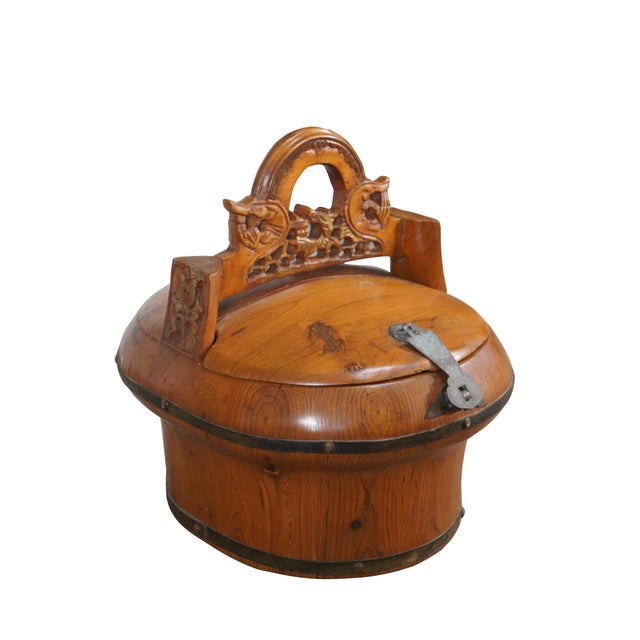 Chinese Antique Chinese Qing Dynasty Elm Carved Tea Caddy Holder Wedding Food Basket For Sale - Image 3 of 12