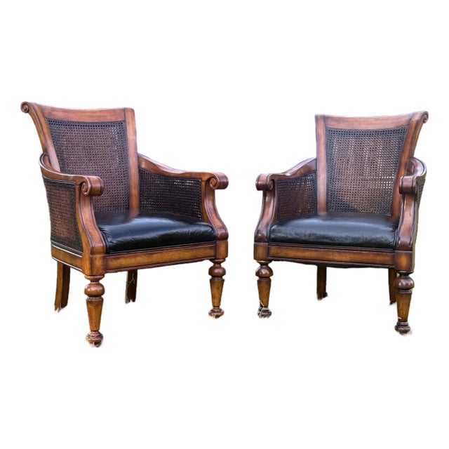 Pair of Mid 20th Century English Regency-Style Double Cane Library Armchairs For Sale