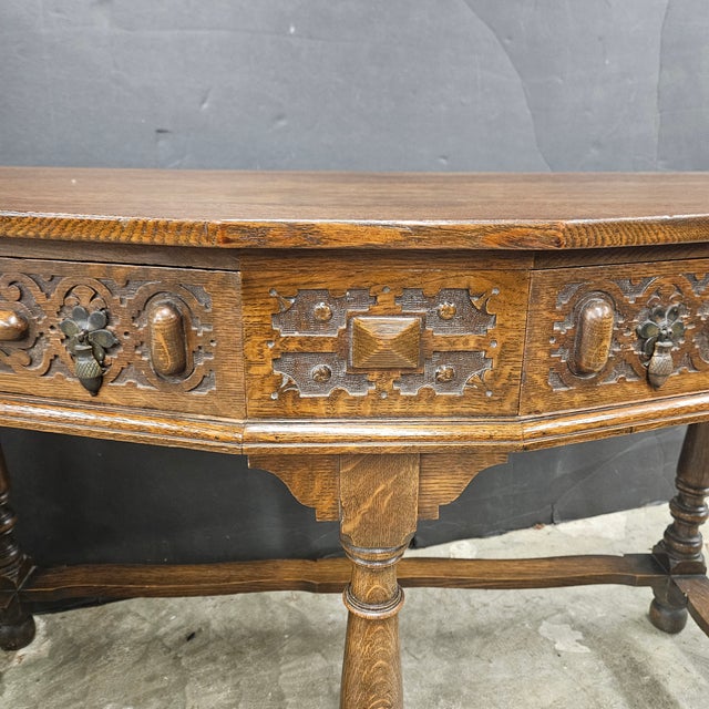 Vintage English Oak 2 Drawer Console Table With Shaped Front For Sale - Image 15 of 17