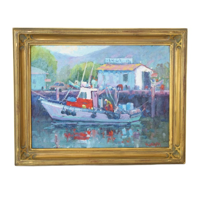 Silvio Silvestri, Listed Artist Nautical Coastal Boating Mendocino Harbor Ca Oil Painting Including the Antiqued Gold Wood Frame For Sale - Image 9 of 11