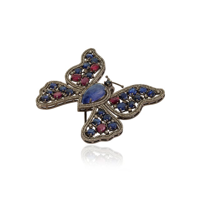 Boho Chic 10Ct Multi Gem & Diamond Butterfly Statement Brooch Pin Pendant in 925 Silver For Sale - Image 4 of 15
