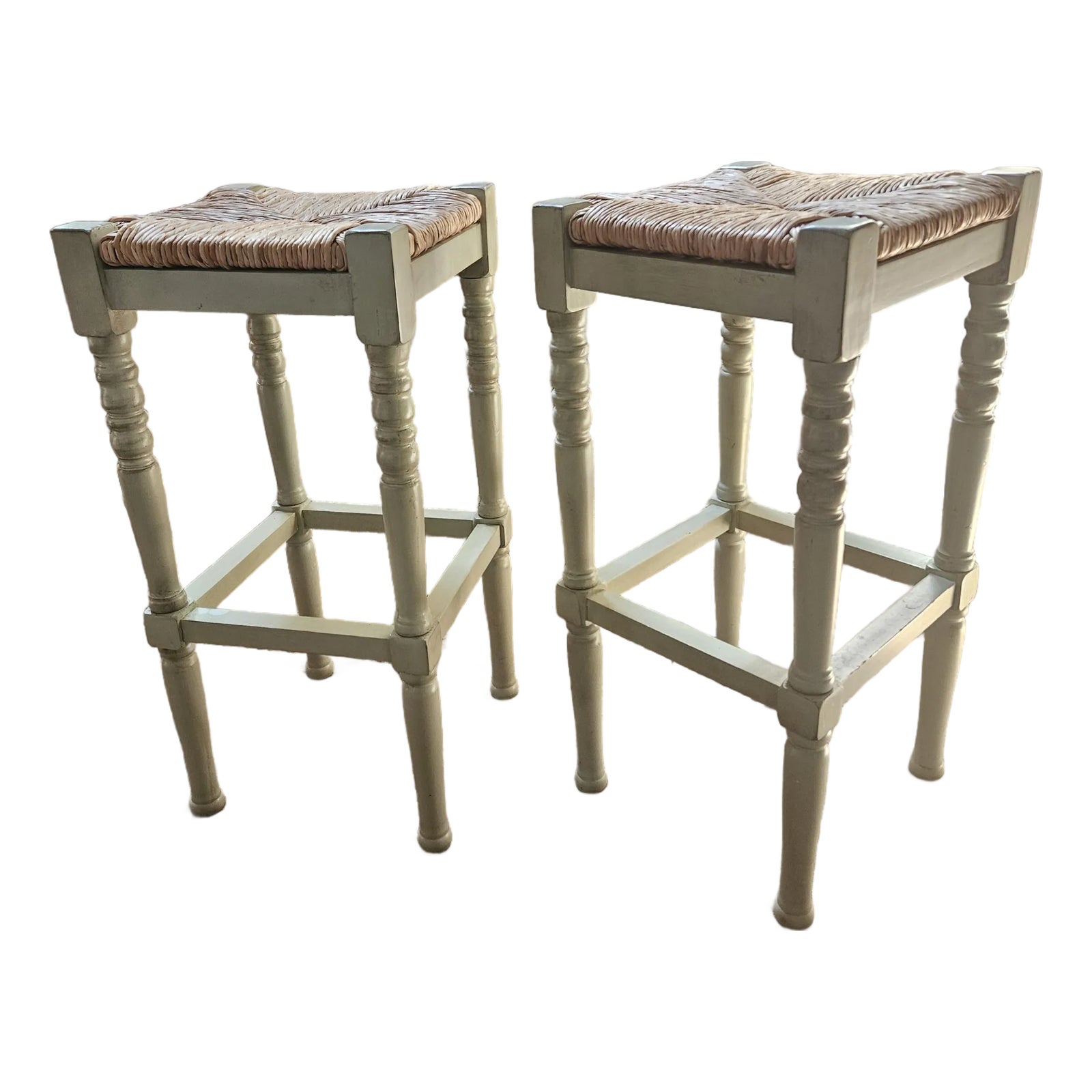 Vintage Rustic European Rush Seat Painted Bar Stools - Set of 2 | Chairish