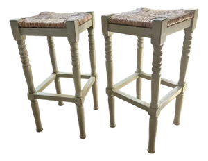 Vintage Rustic European Rush Seat Painted Bar Stools - Set of 2