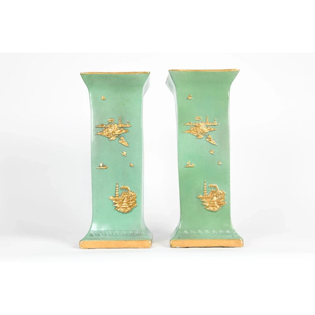 English Glazed / Parcel Gilt Porcelain Vase Pieces - a Pair For Sale - Image 9 of 13